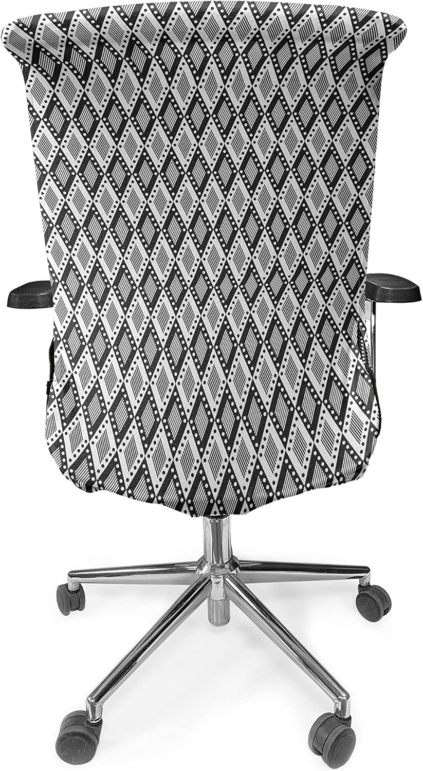 Ambesonne Black and White Office Chair Cover, Monochrome Rhombus with Lines and Dots Geometric Composition of Shapes, Stretchable Decorative Universal Size High Back Printed Slipcover, White and Black