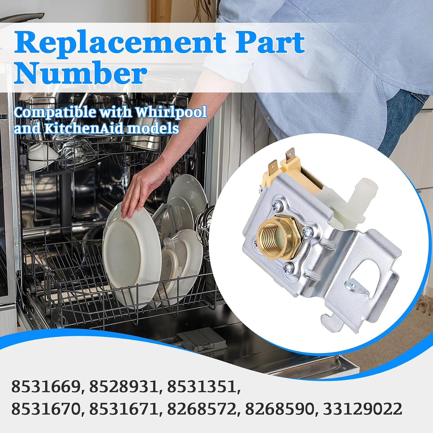 Dishwasher Water Inlet Valve, Replace for 8531669, 8528931, 8531351, 8531670, 8531671, 8268572, 8268590, 33129022, Compatible with Whirlpool and KitchenAid