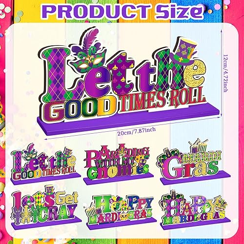 Miniatura 2 de Geelin 6 piezas de decoraciones de Mardi Gras, centros de mesa de Mardi Gras para mesas, máscara de gnomo, cangrejo de río, letreros de madera,