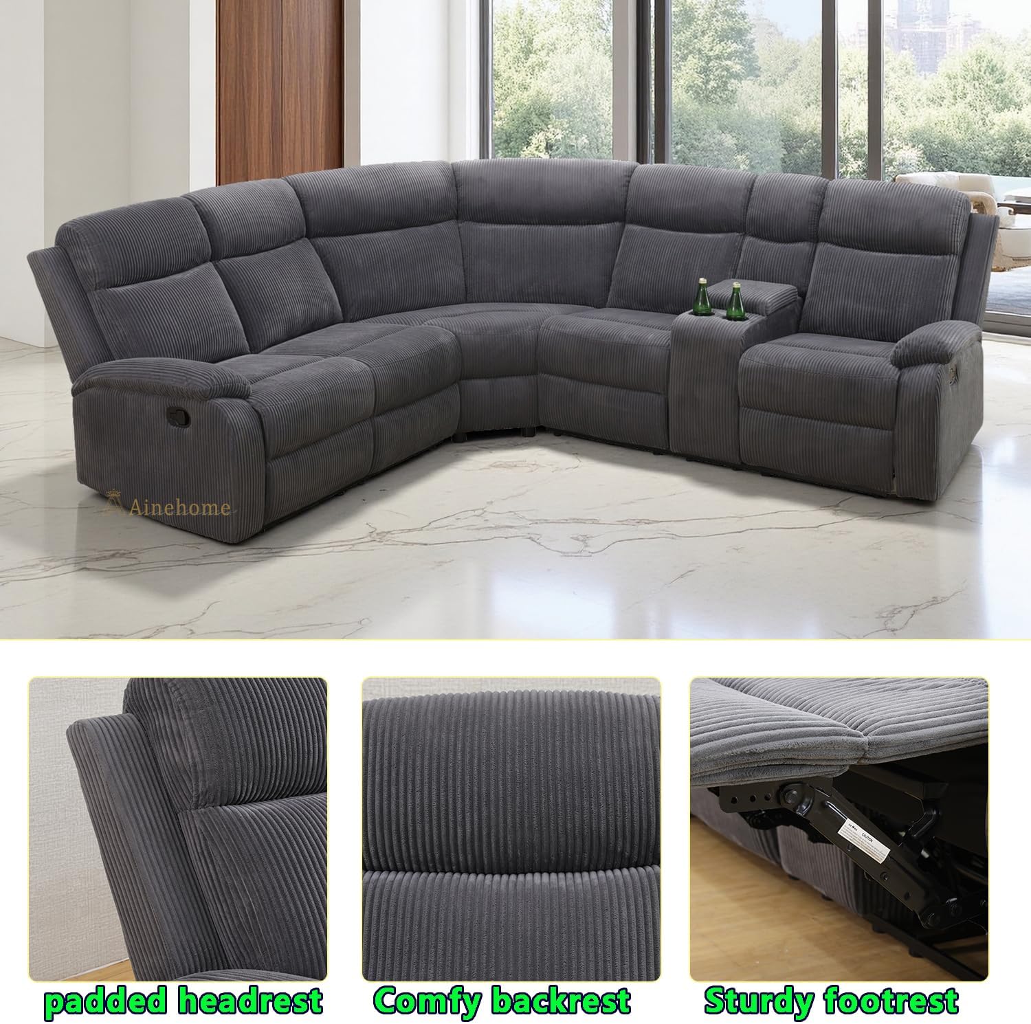 A Ainehome Living Room Furniture Sets, Sectional Recliner Sofa Set, Manual Corduroy Reclining Sectional Couches, Reclining Loveseat Corner Couch with Cup Holders/Storage for Home with 4 Recliner Seats