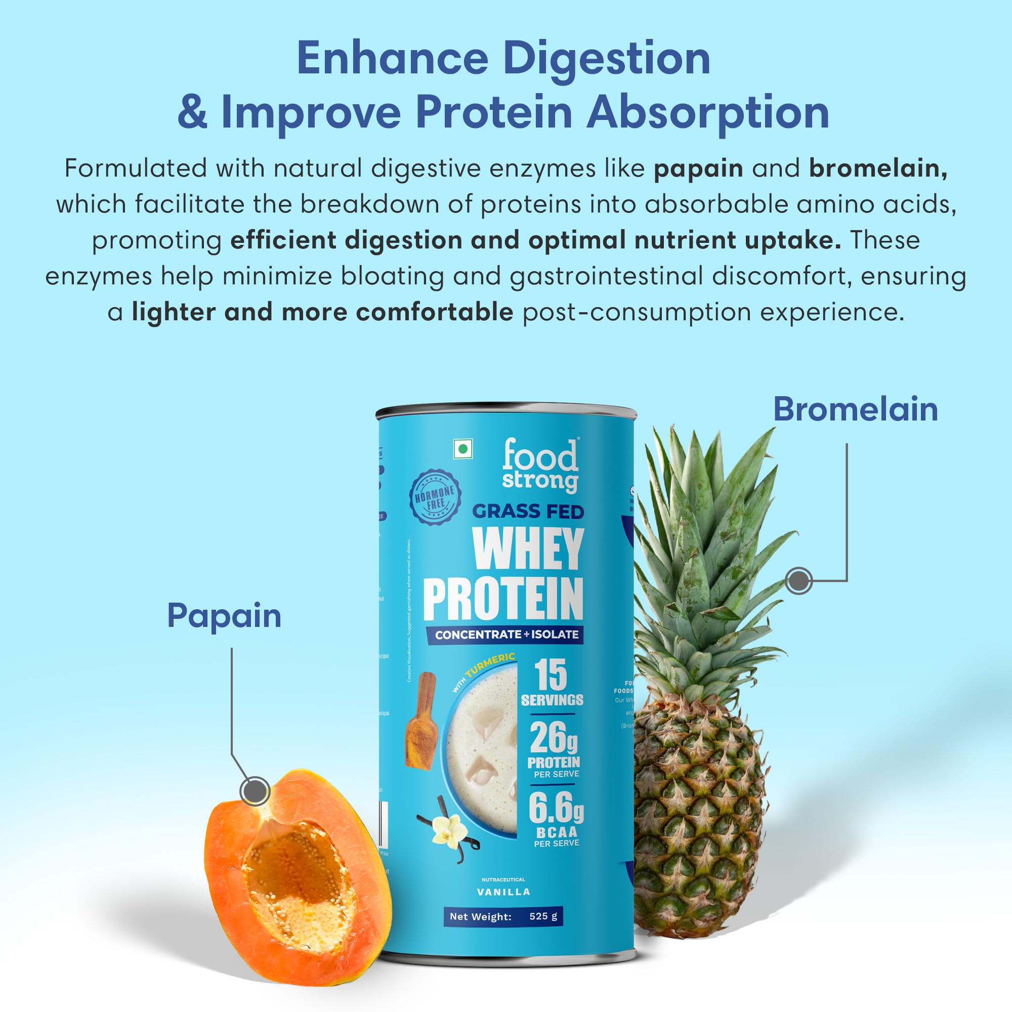 Foodstrong Whey Protein Powder (Concentrate + Isolate), 100% Hormone Free Grass-Fed Whey, 26G Protein & 6.6G BCAA, Vanilla, With Turmeric & Digestive Enzymes, (15 Sachets), 525G 3