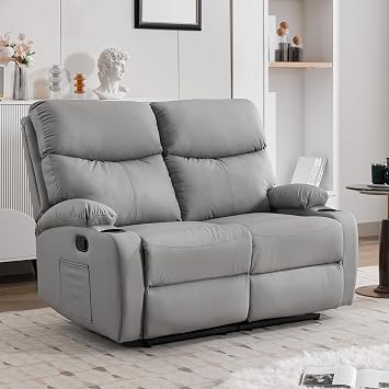 Manual Reclining Loveseat, Leather Loveseat Recliner, Double Recliner with Side Pockets for Living Room, Home Theater, RV, Light Grey