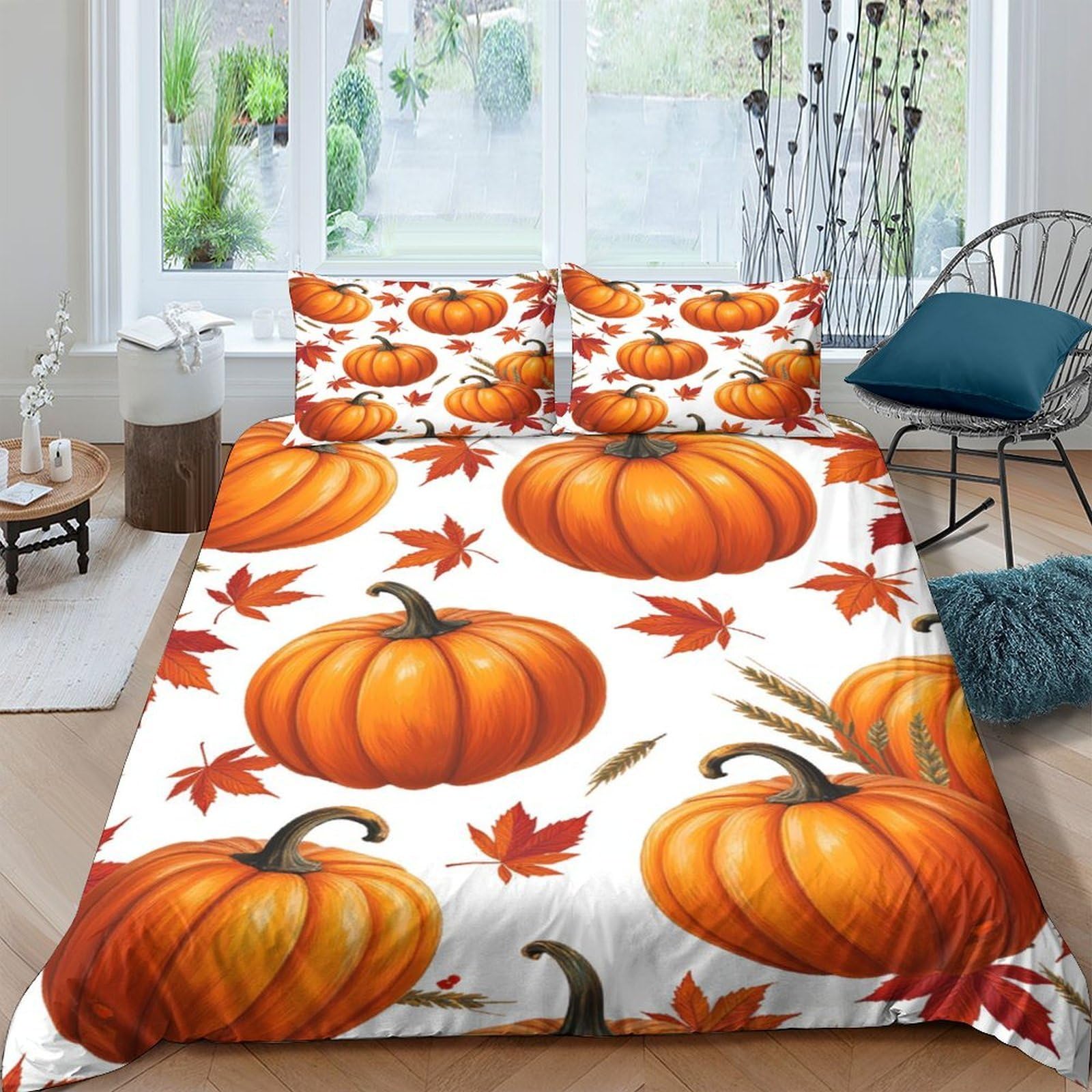Ctjqhvkz Style-1 3D Printed Pumpkin Maple Leaf Fitted Sheet Microfiber Soft Orange Autumn Bed Cover For Bedroom Dorm Mattress Protection Single（135X200cm）