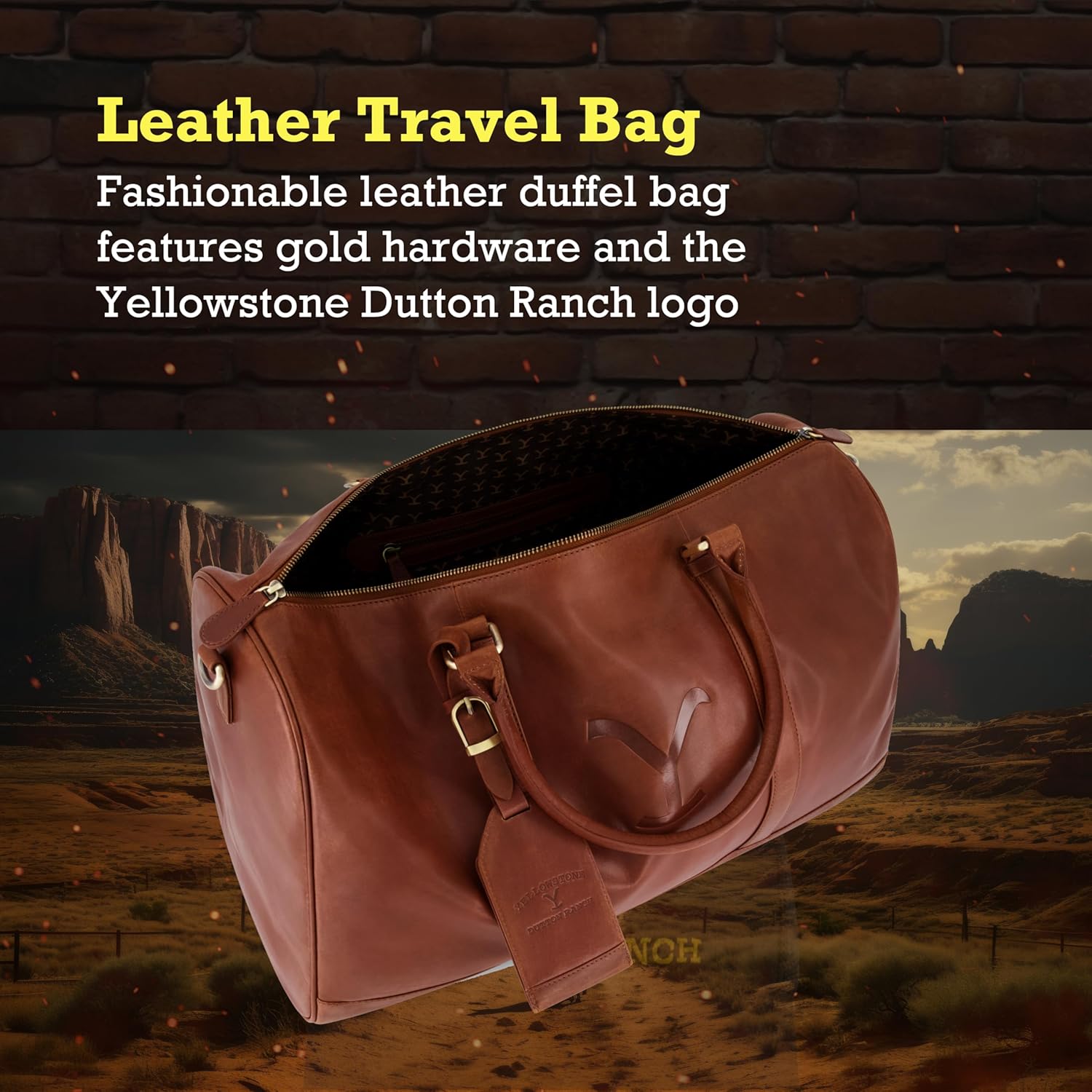 Yellowstone Duffel Bag, Dutton Ranch 21 Inch Carry On Genuine Leather Travel Bag with Shoulder Strap and Carry Handles, Brown