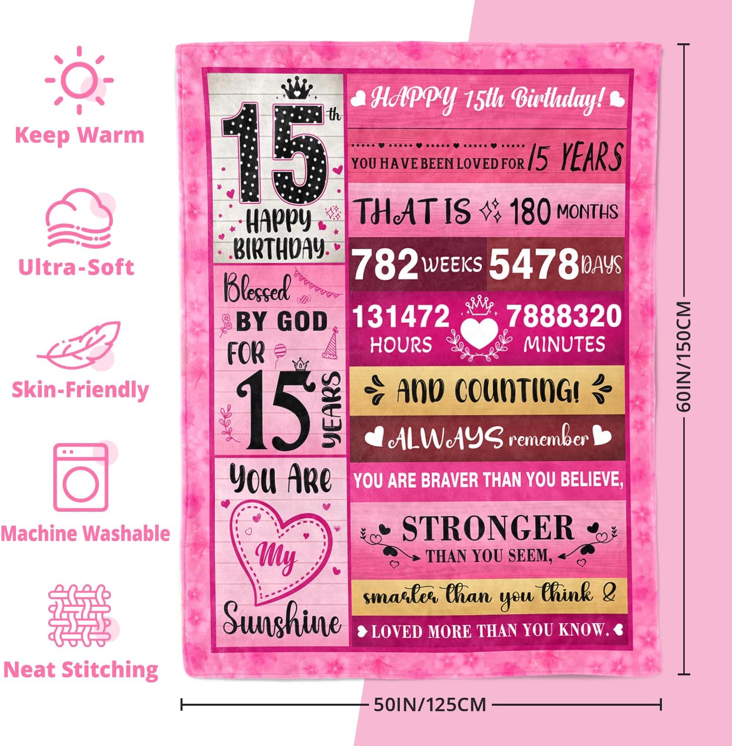 15 Year Old Girl Gifts - 15th Birthday Gifts for Teen Girls - 15th Birthday Decorations for Girls - Fifteen YR Bday Gift for Girl Daughter Granddaughter Niece Sister Ideas Blanket 50"x60" - Image 4