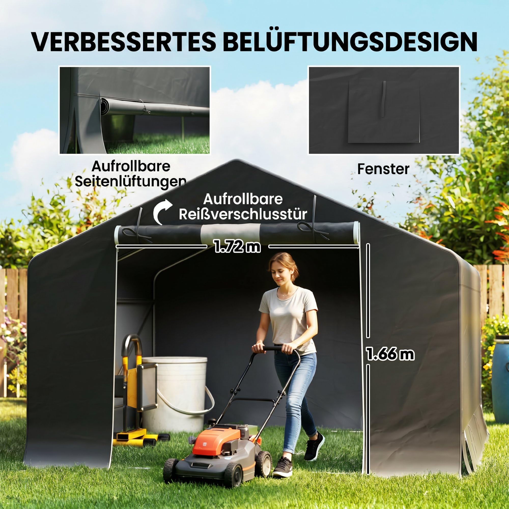 Outsunny Cobertizo portátil 10'x10' Impermeable Tienda Bici Gris Oscuro | Puerta enrollable cremallera, marco acero galvanizado reforzado, cobertizo exterior para bici, moto, herramientas