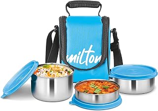 MILTON Tasty Lunch Box 3 Stainless Steel Set 3, 200ml, 320ml, 500ml, Cyan | Leak Proof | Easy Carry | Stainless Steel | Odour Proof | Food Quality | Light Weight | Easy Clean