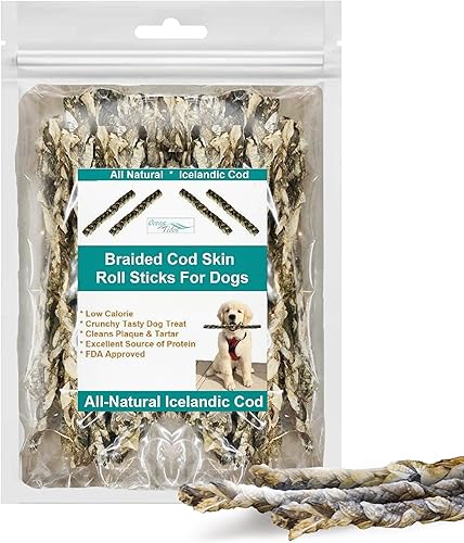 Ocean Tides Golosinas trenzadas de piel de bacalao del Atlántico islandés para perros y gatos secos crujientes magros masticables
