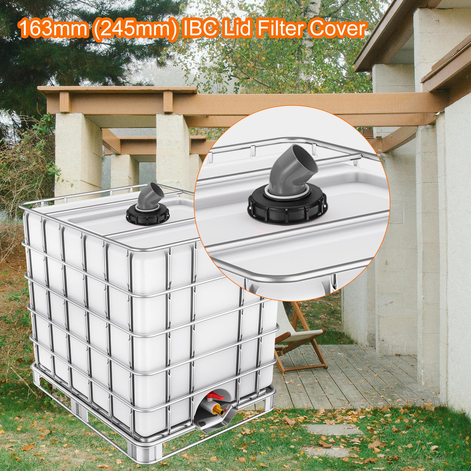 sourcing map Tapa de filtro IBC de 163 mm, adaptador de manguera de plástico IBC de 45°, contenedor de tanque de agua de lluvia de 1000 L con filtro de nailon lavable para tanques de agua de 275