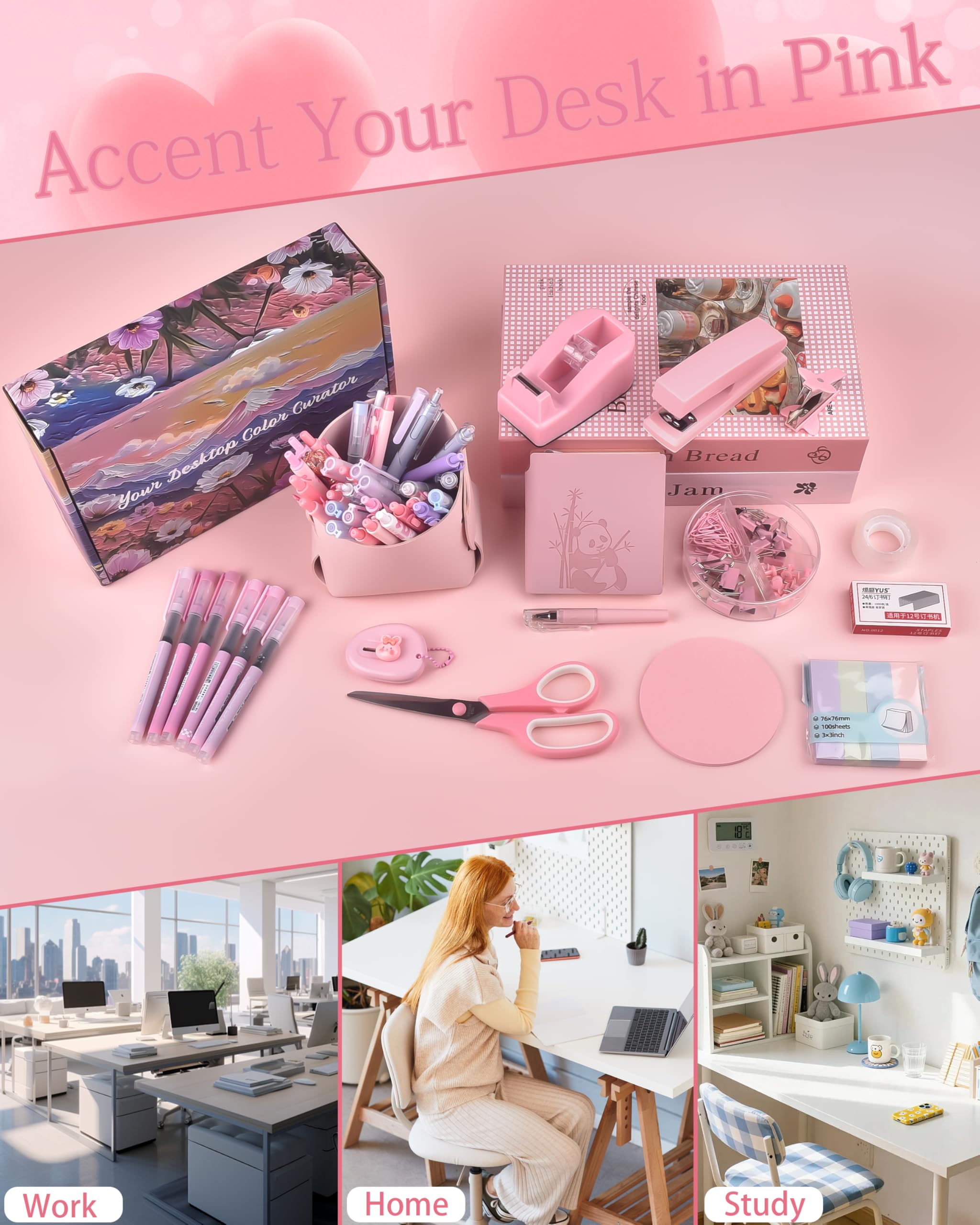 Pinkes Schreibtischzubehör, Federmäppchen, Hefter, Stift und eine Menge Bürobedarf, rosa Bürobedarf, wunderschön präsentiert in einer Geschenkbox