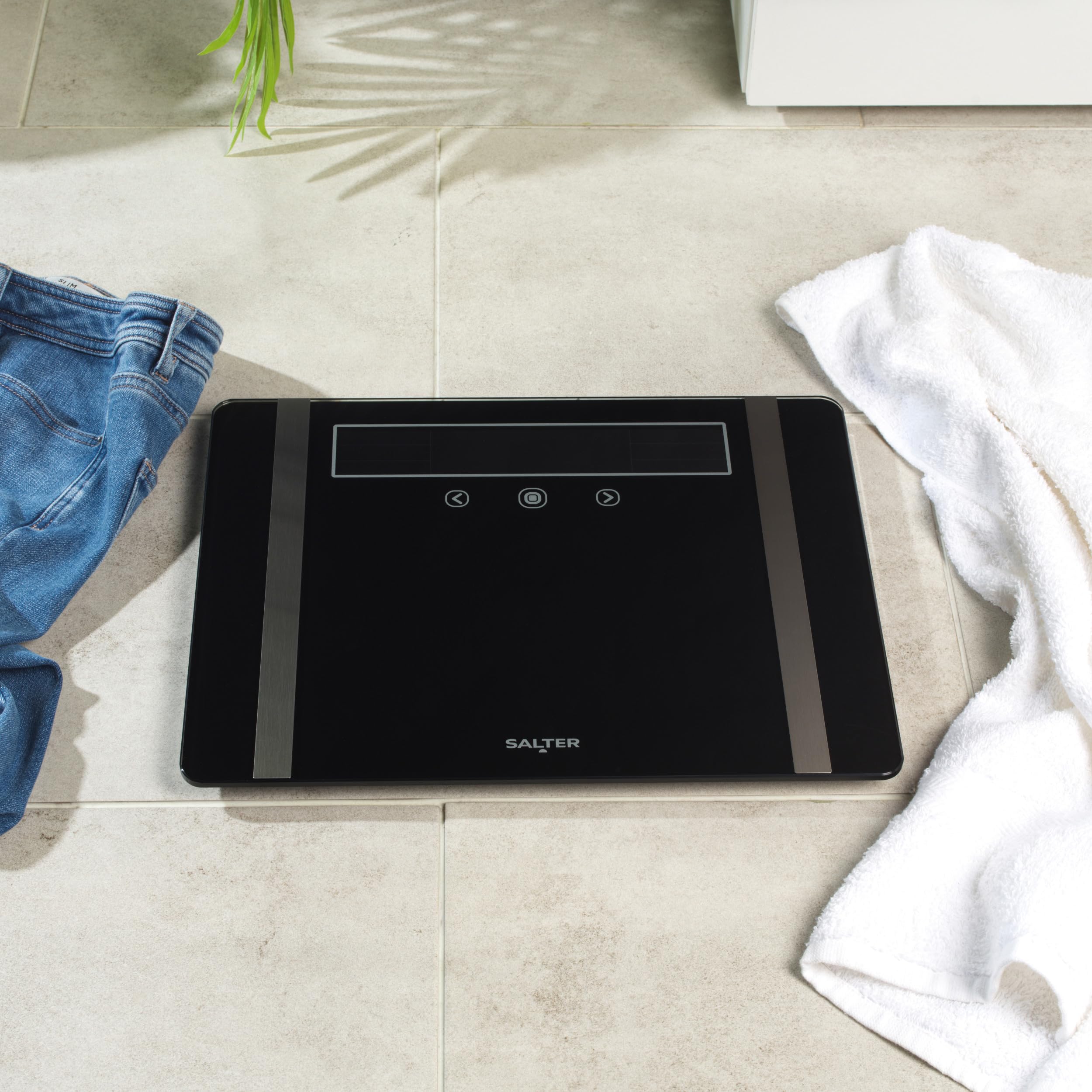 Salter Bilancia analizzatrice extra larga – Bilancia digitale da bagno per peso corporeo/grasso/acqua, BMI/BMR, massa muscolare/ossea, 10 memorie utente, letture istantanee, capacità 250 kg