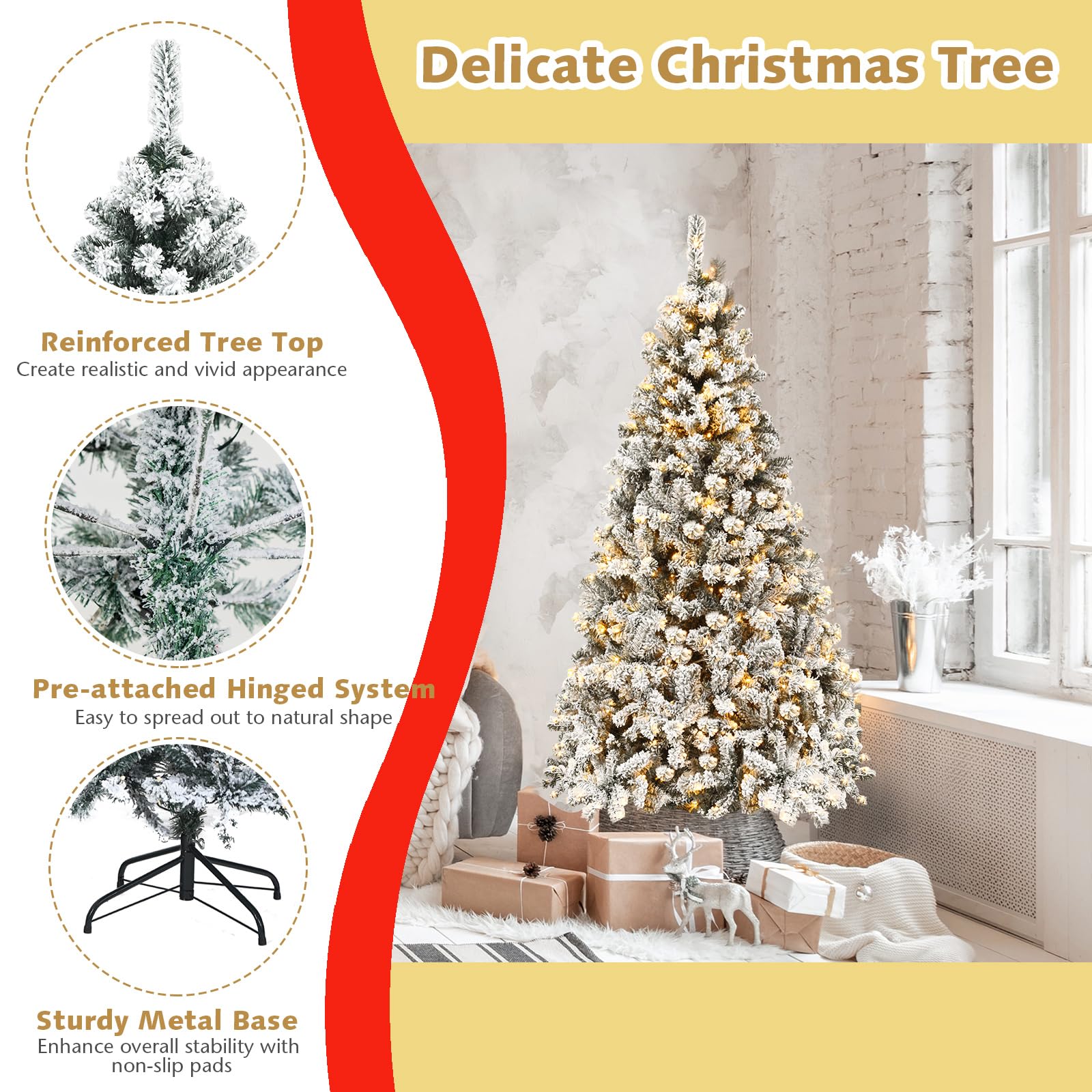 LIFEZEAL Arbre de Noël Pliable, Sapin de Noël avec 600 Branches en PVC et Flocage, Arbre de Noël avec 250Pièces LED & Pied en Fer, 180cm