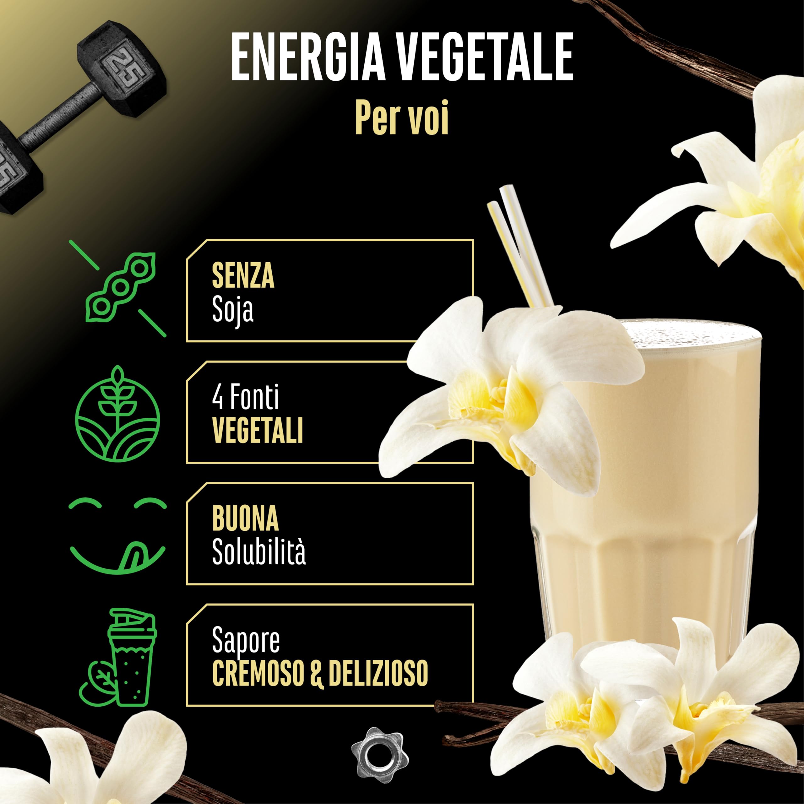 Proteine vegane in polvere - Proteine vegetali da piselli, riso, mandorle e canapa - Senza soia - Deliziose e cremose - (750 g, vaniglia)