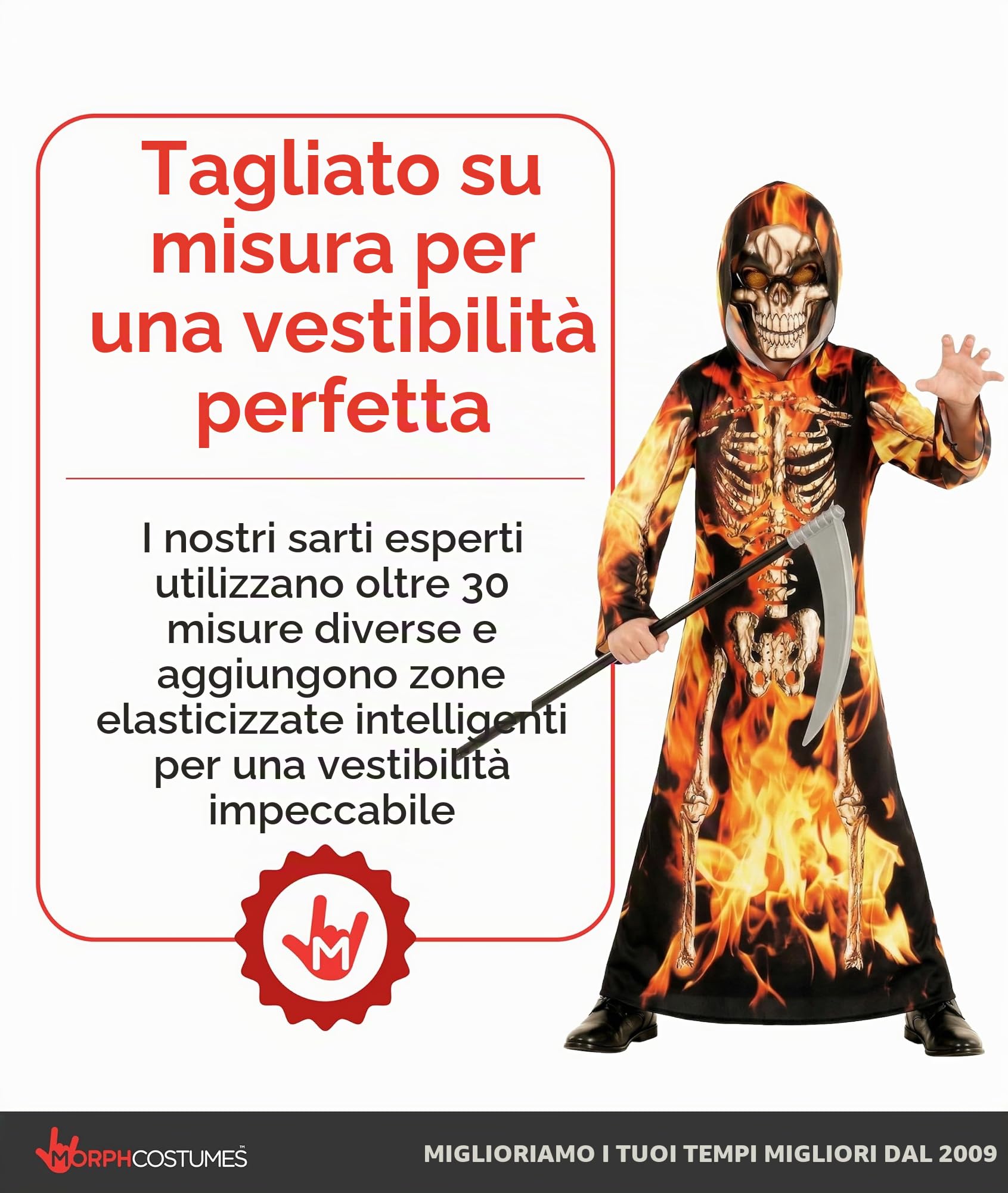 Morph Costume Mietitore Bambino, Costume Halloween Bambino | Tunica con Cappuccio & Maschera, Stampa Scheletro Fiammeggiante, Perfetto per Halloween, Ideale per il Gioco di Ruolo