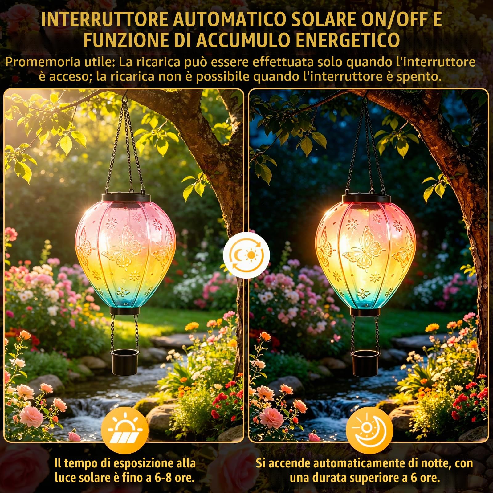 2 Pezzi Lampada Solare a Palloncino Caldo, 45x14 cm Lampada Solare per Esterni, Lampade Solari per Esterni Appendibili, Palloncino Caldo per Decorazione, Sensore di Crepuscolo, Resistente alle