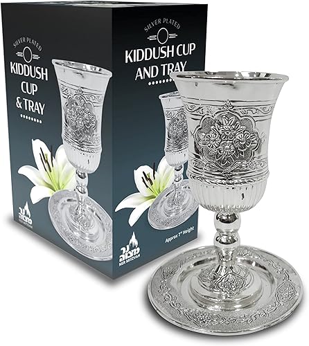 Ner Mitzvah Taza y bandeja de Kiddush alta Copa chapada en plata de alta calidad con tallo Cáliz de Shabat y Havdalah Judaica Shabbos y regalo de