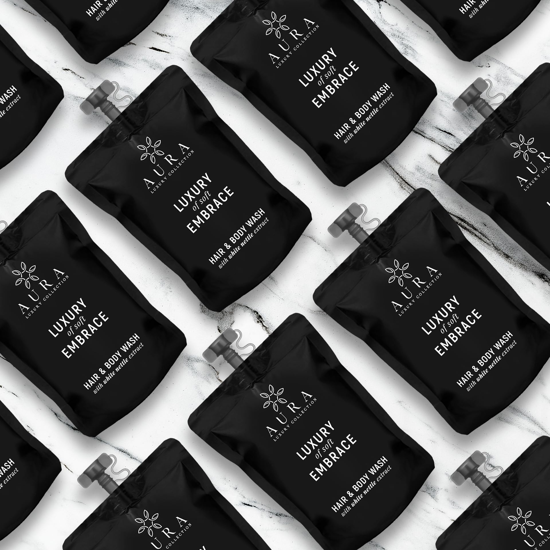Aura Luxury Collection Black Edition Zestaw 100 saszetek ze stojakiem na prysznic 30 ml z korkiem z organicznymi ekstraktami z białej pokrzywy - zestaw kosmetyków do kąpieli hotelowej i B & B