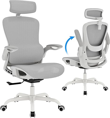 GABRYLLY Silla de oficina ergonómica de malla, silla de escritorio blanca, reposabrazos abatible, reposacabezas ajustable, inclinable con asiento