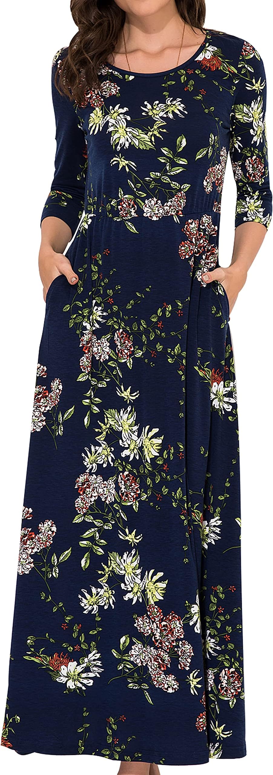 Aphratti Women's 3/4 Sleeve Long Maxi Dress Casual Fall Floral Fit Flare Dress