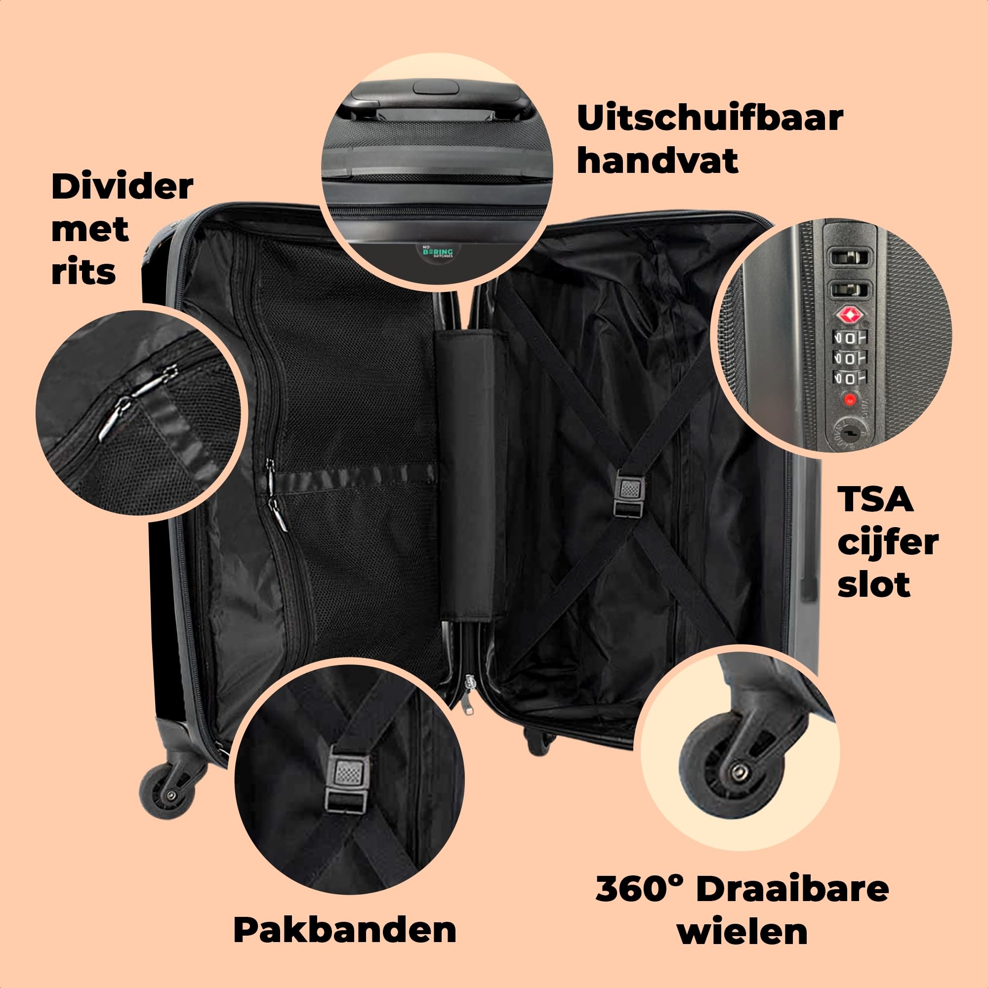NoBoringSuitcases.com Valigia Grande Media Trolley con Lucchetto TSA, Leggera 23 kg (67cm - 72L) - Lupo Sfondo Nero - Grigio