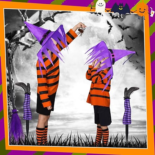 Miniatura 4 de Juego de 4 piezas de patas de bruja boca abajo para Halloween, patas de bruja moradas malvadas, decoraciones con escoba y sombrero de bruja para