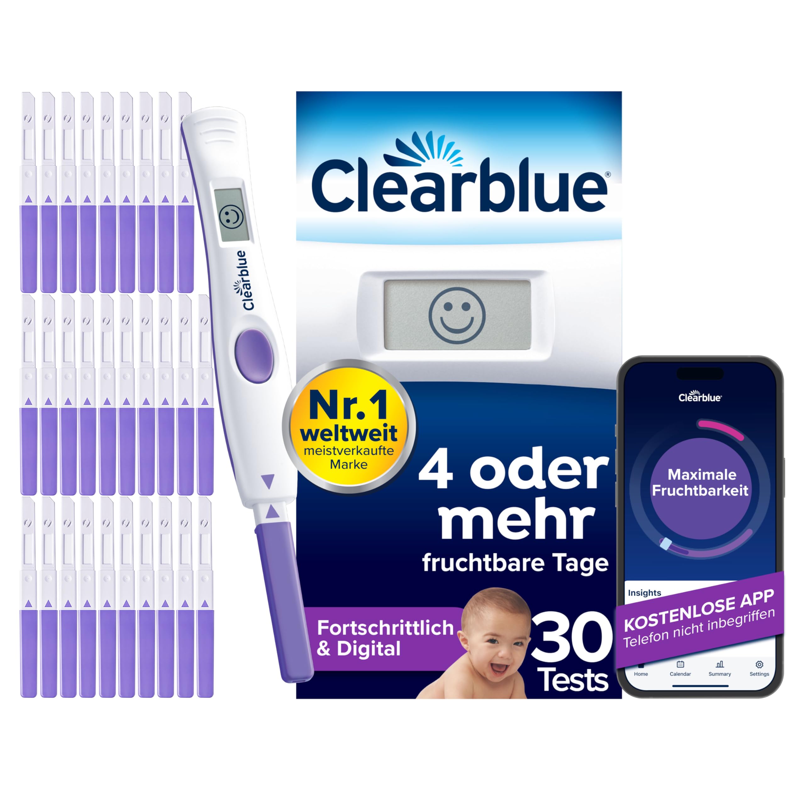 Clearblue Ovulationstest Fortschrittlich & Digital, Doppelte Chancen, schwanger zu werden,1 Testhalterung Digital und 30 Ovulationstests, Teste die KOSTENLOSE Clearblue Perioden- & Zyklus-Tracker-App