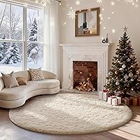 Ophanie 5ft Round Ivory Shag Area Rug - Fluffy Non-Slip Circle Rug for Nursery, Bedroom, Kids Room, Playroom & Dorm