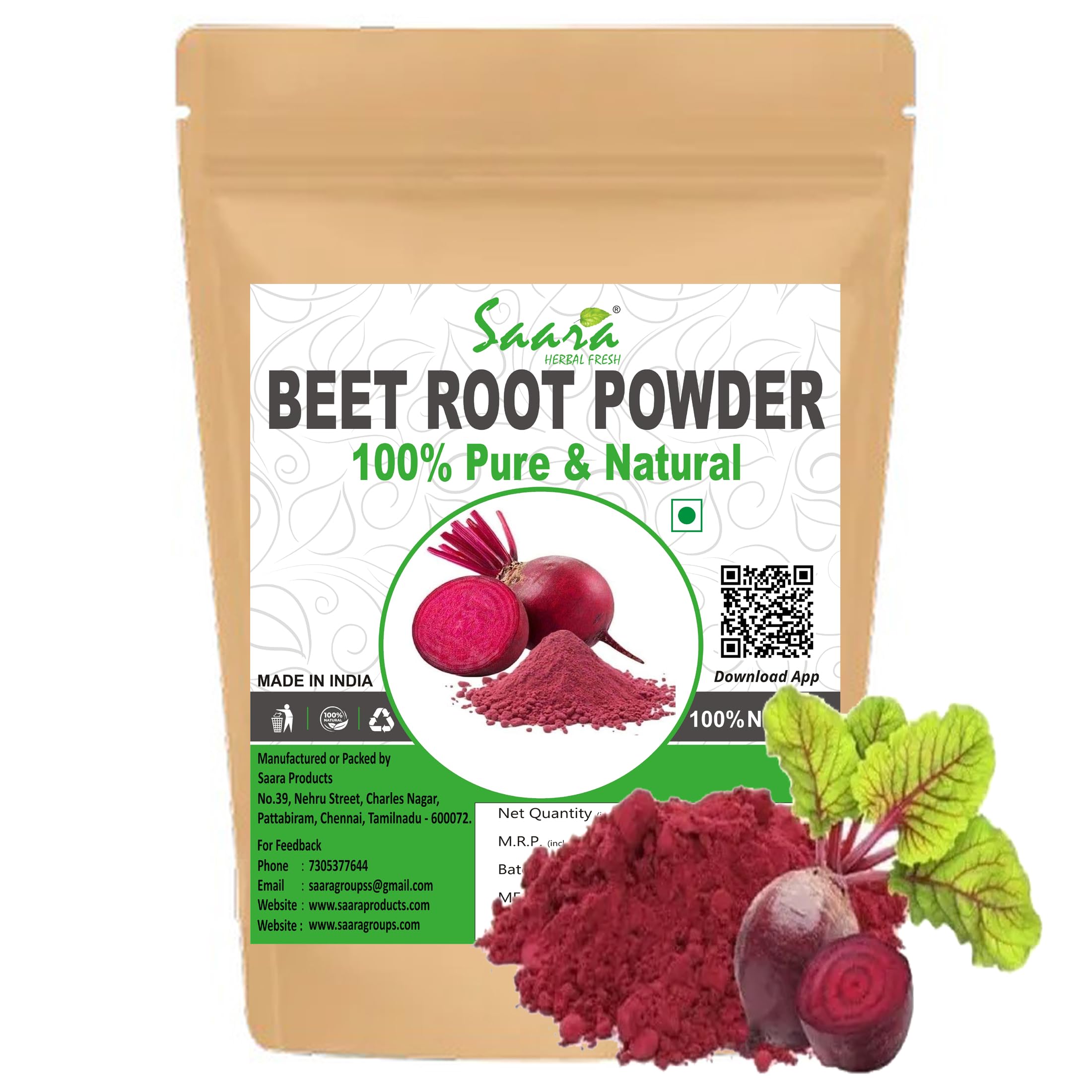 Saara HERBAL FRESH Beetroot Powder, 50g, Chukandar Powder, Improves Blood Flow & Exercise Performance, Use in Smoothies, Curries, Soups, Cakes, Natural Food Color (Pack of 1 X 50g)