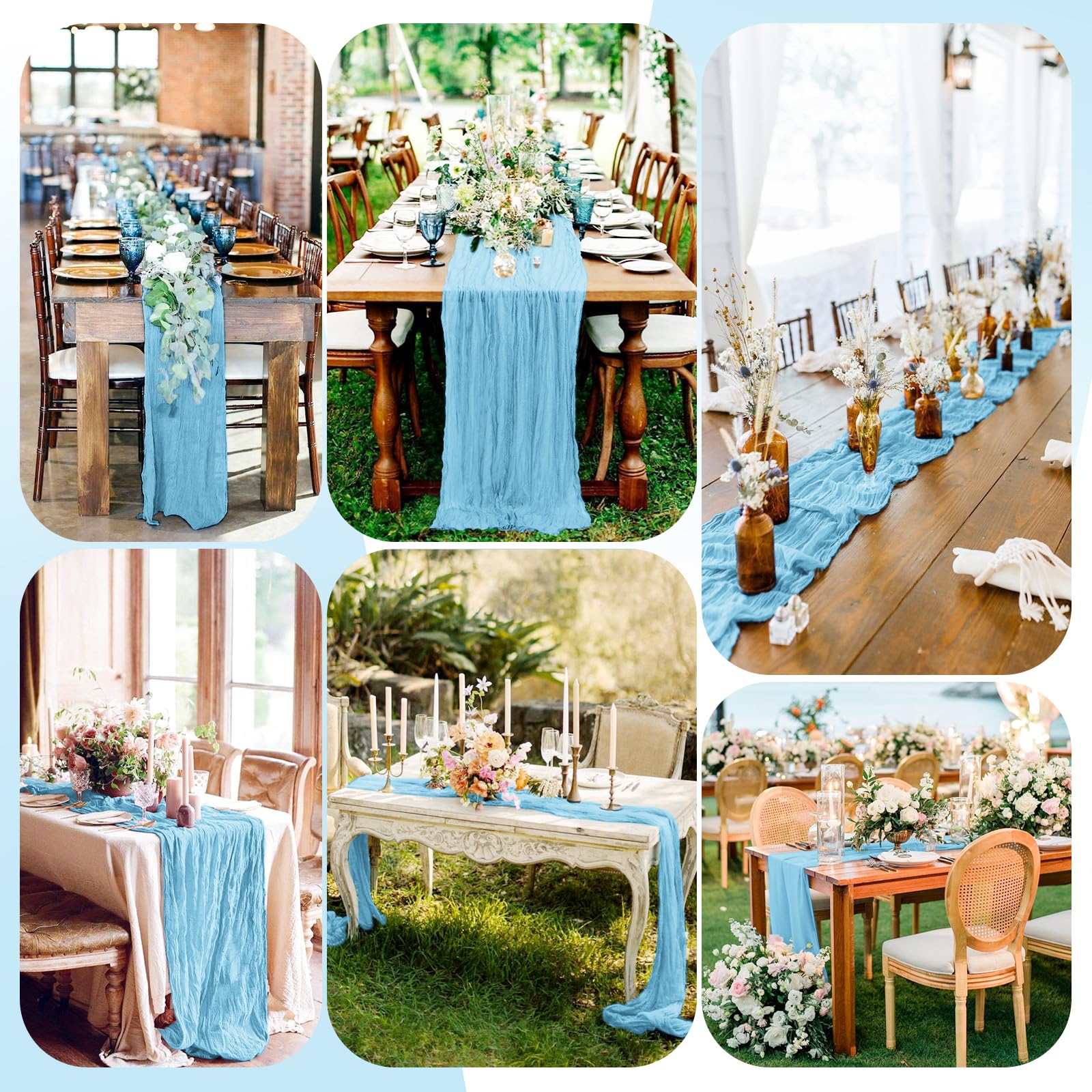 Lot de 12 chemins de table en étamine, style rustique, bohème, semi-transparents pour mariage, anniversaire, fête prénuptiale, 3 m x 304,8 cm, bleu clair