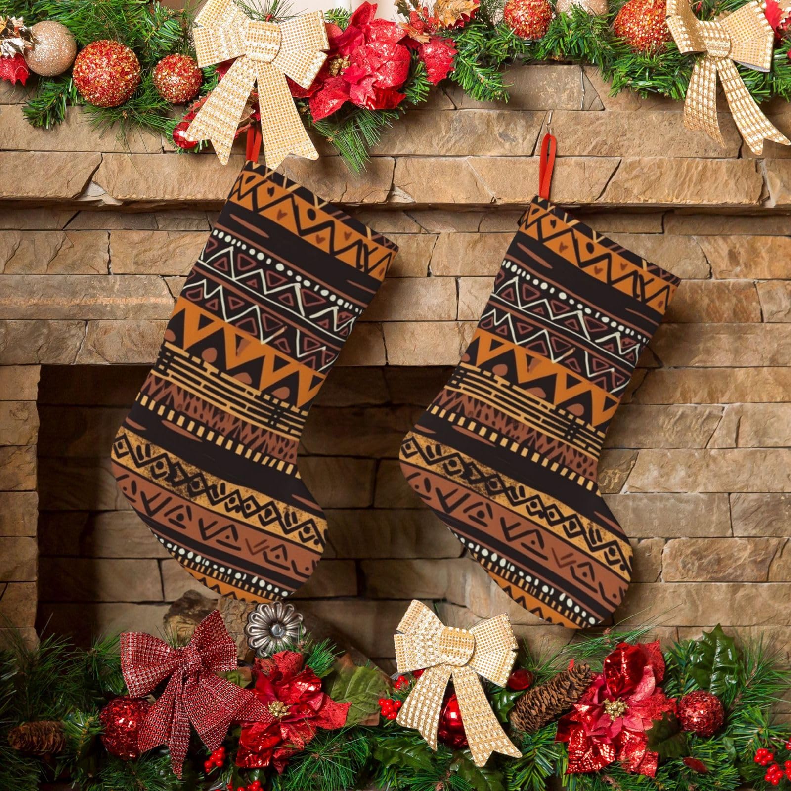 KLOPH Christmas Stockings 18" Personalized Xmas Stocking African Mud Cloth Tribal Decoration Stocking Hanging Fireplace Stocking for Holiday Xmas Tree Christmas Fireplace Decor