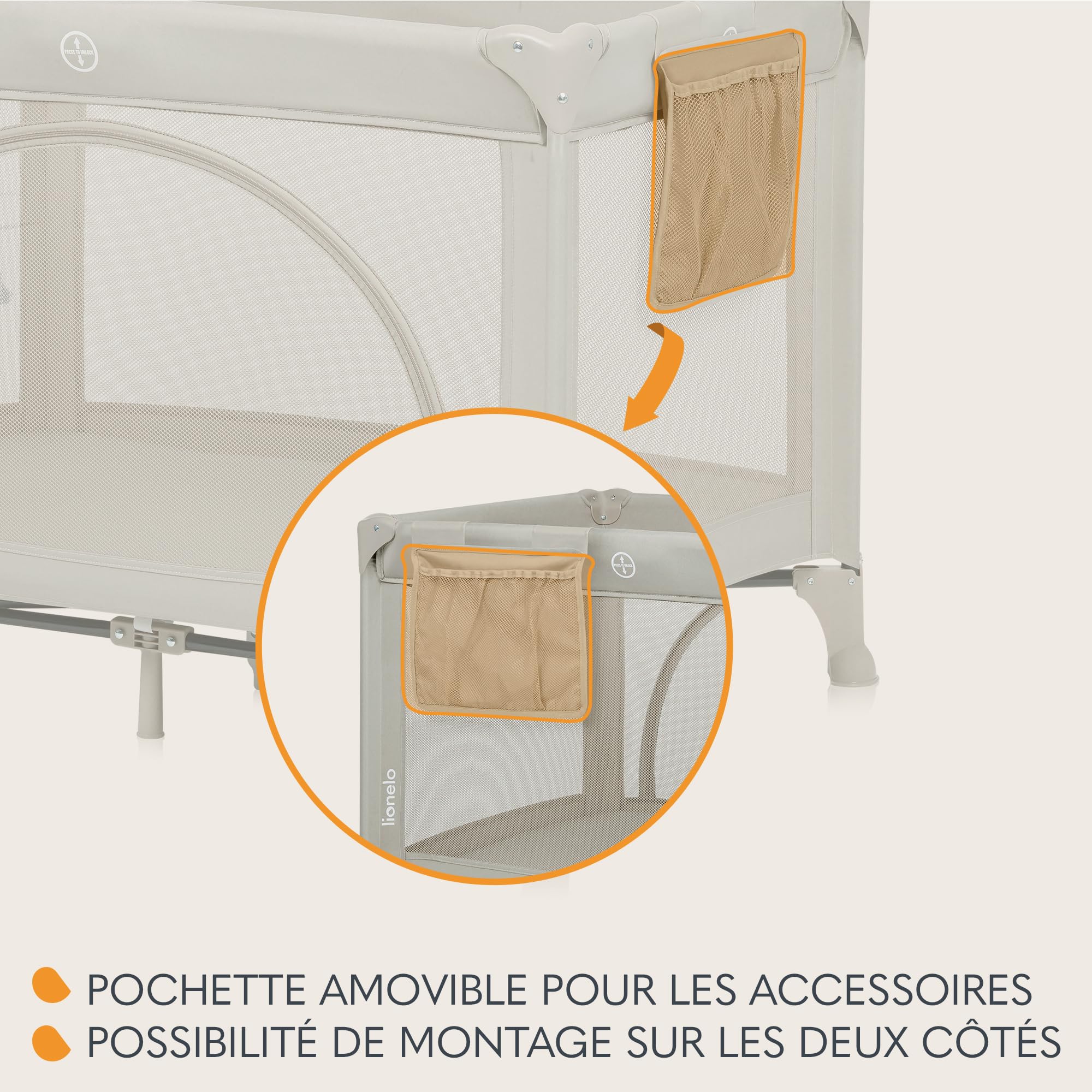 LIONELO LAURA 2en1 Lit de Voyage 15 kg Parc bébé 0-36 mois Matelas Mousse T25 2 Niveaux Hauteur Sac de Voyage Roues Frein Beige