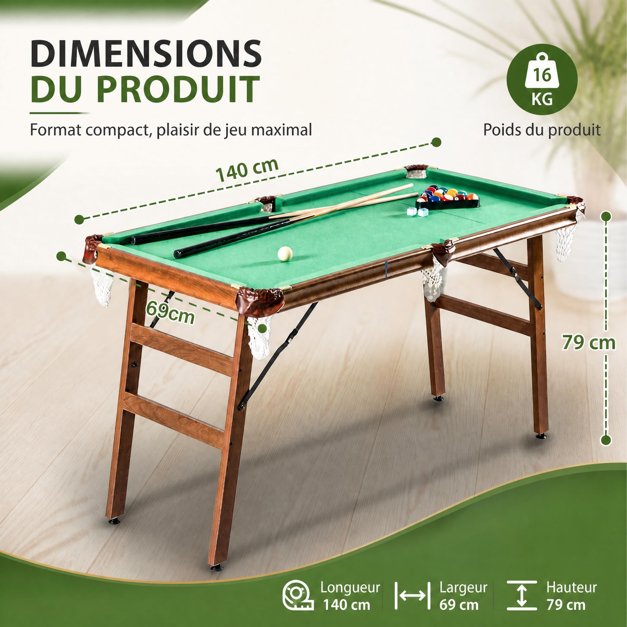 Table de Billard Pliable 140cm, Snooker Compact avec Accessoires