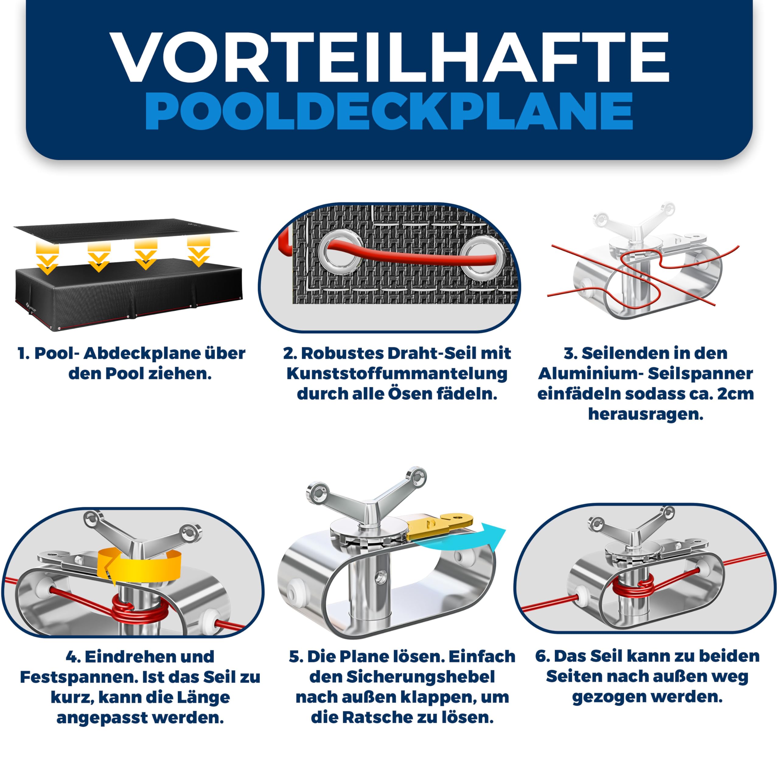 KESSER® Bâche de piscine solaire rectangulaire 304 x 210 cm 200 g/m² PE avec câble en acier + tendeur de câble avec œillets - Bâche solaire résistante aux UV et aux intempéries - Pour l'été et l'hiver