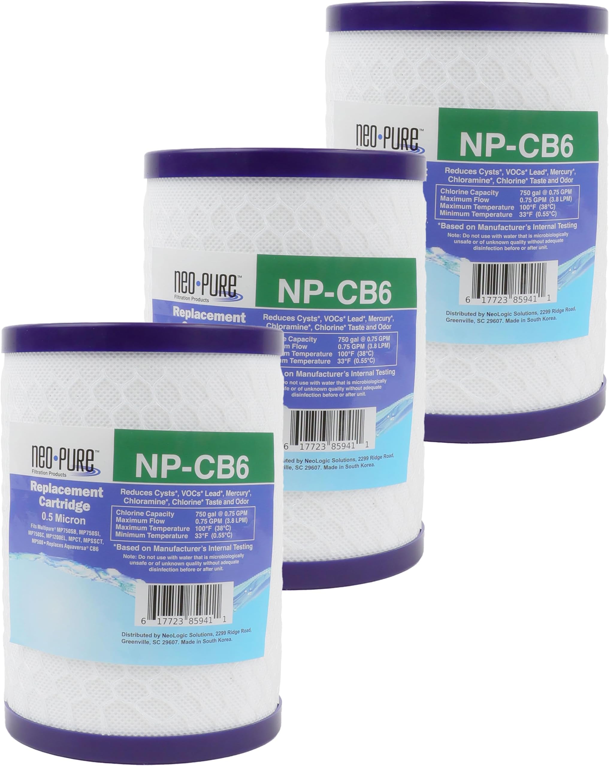 Compatible CB6 Replacement Cartridge by Neo-Pure (3-Pack) | High-Efficiency Filtration for Clean Water | Compatible with CB6 Systems for Improved Taste and Quality
