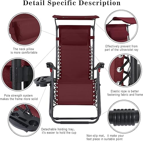 Miniatura 5 de MASTERCANOPY Silla reclinable plegable de gravedad cero para patio con toldo ajustable y soporte para tazas (borgoña)