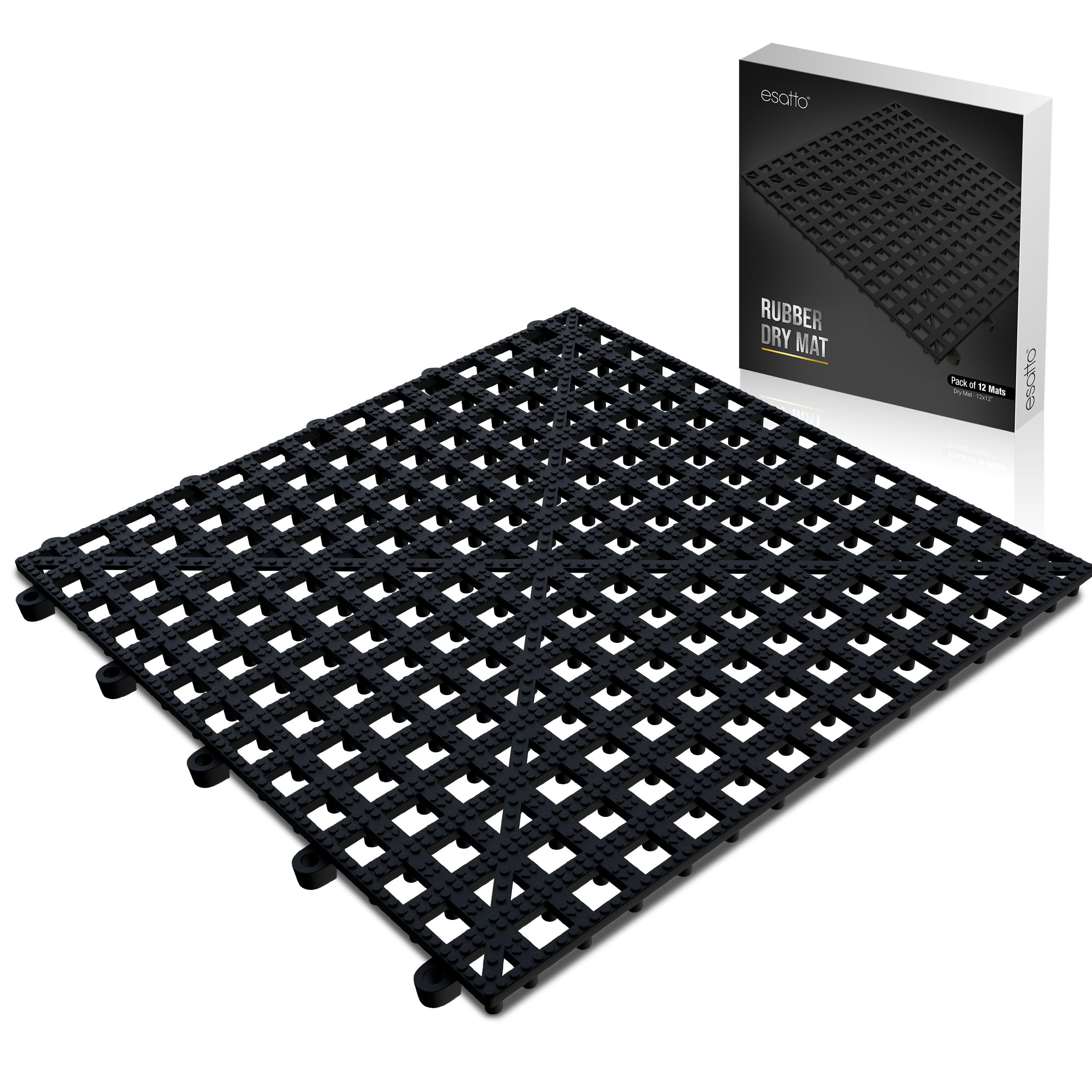 Esatto Paquete de 12 alfombrillas entrelazadas de 12 pulgadas, color negro, para derrames, barras limpias, protección contra manchas y una superficie antideslizante
