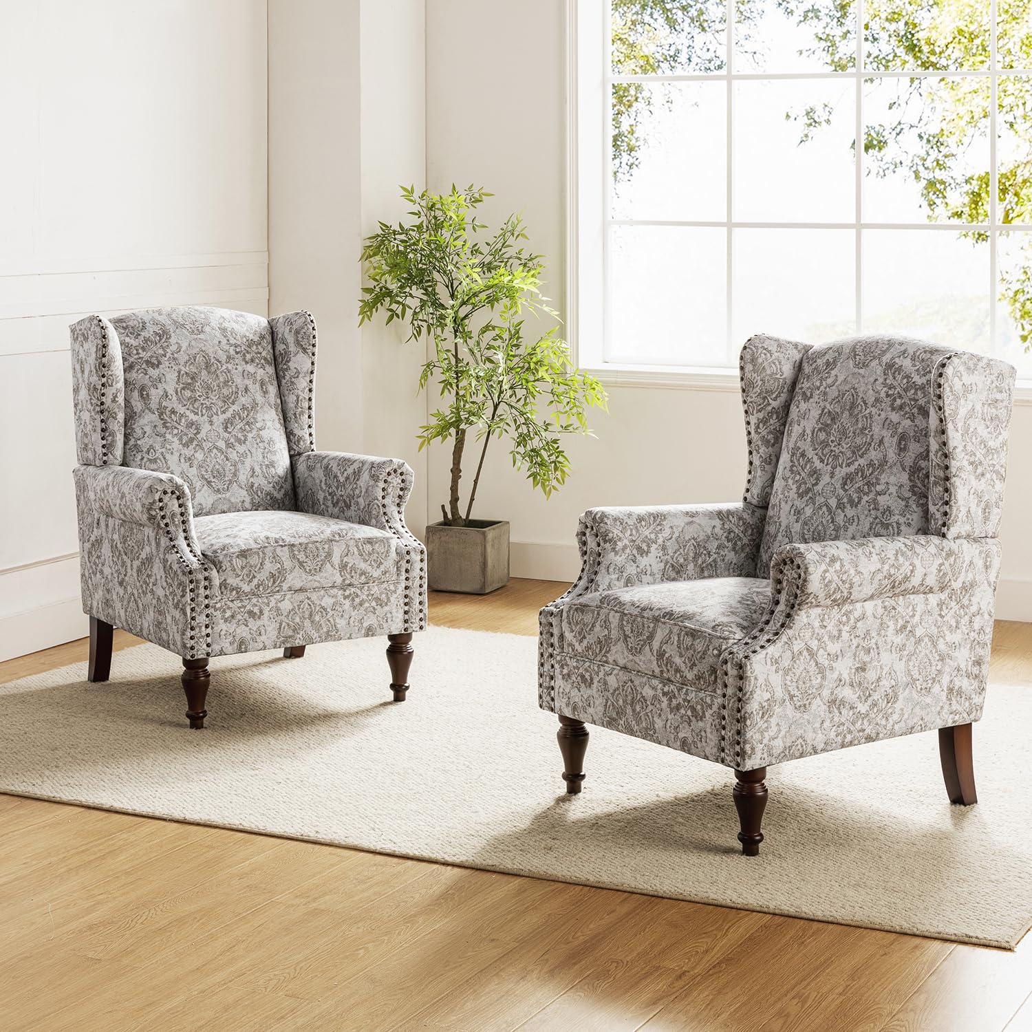 HULALA HOME Wingback Accent Chairs Set of 2 with Floral Pattern Design, Traditional Fabric Armchairs with Nailhead Trim and Retro Wooden Legs, Beige