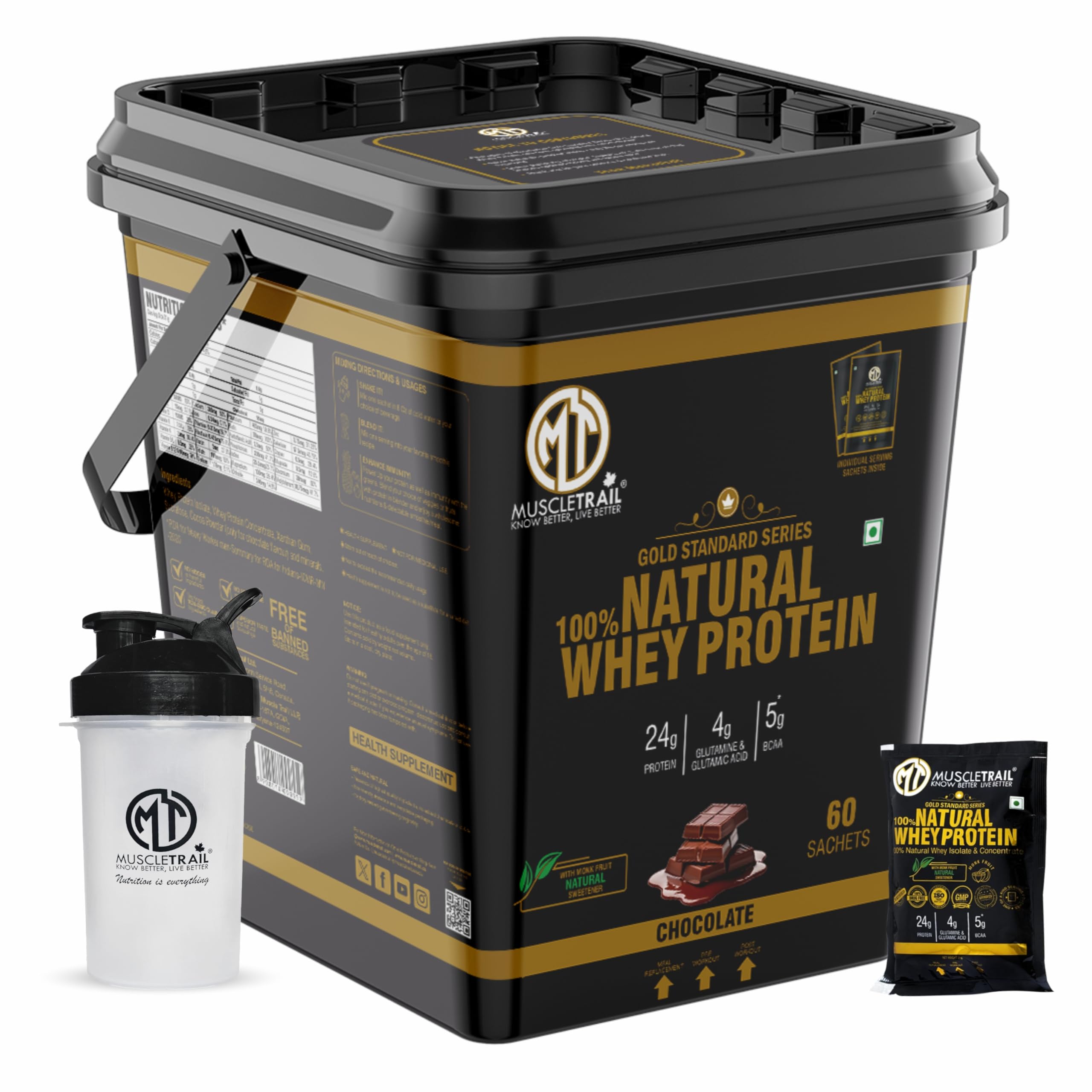 MuscleTrail Gold St&ard Series,60 Pouches,Low Carb & Fat,24 grams Natural Whey Protein Powder,Shaker Inside (1.86Kg,Kulfi Pista) — Amazon image 16