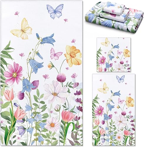 Preboun Juego de 3 toallas de baño de flores silvestres, toallas de mano con diseño floral de acuarela de primavera, toallas de baño suaves con