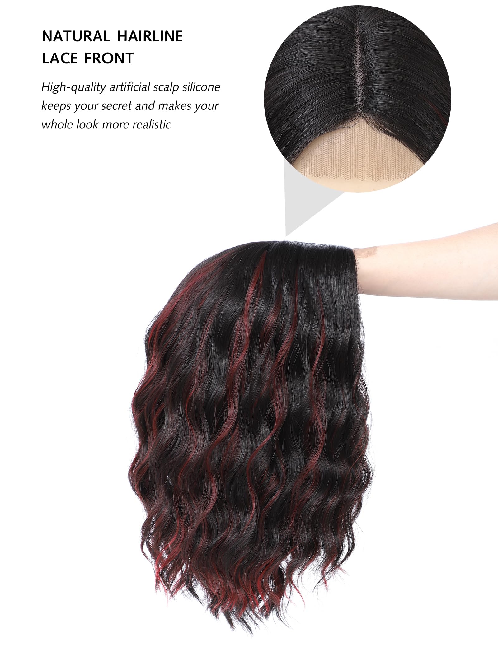 BUYOGET Medium Short Wig Wavy Bob Wig Realistic Natural Lace Front Scalp Adjustable Synthetic Shoulder Length Curly Wigs for Women Black Mix Red - Image 4