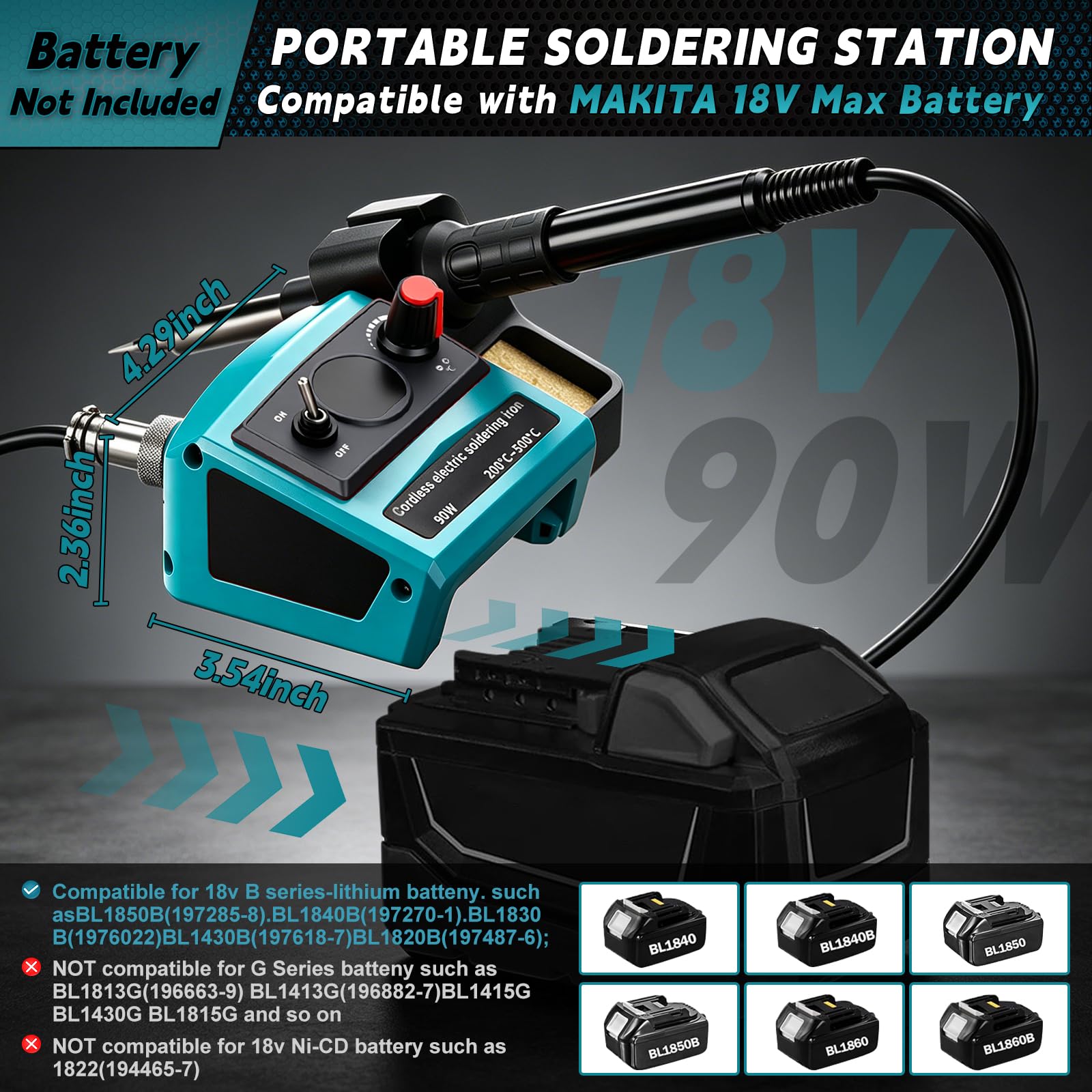 Stazione Saldante a Batteria per Makita 18V (senza Batteria) | 90W, Kit Saldatore, Temperatura 200–500°C, Display LCD, 5 Punte, Bobina Filo, per Fai-da-te