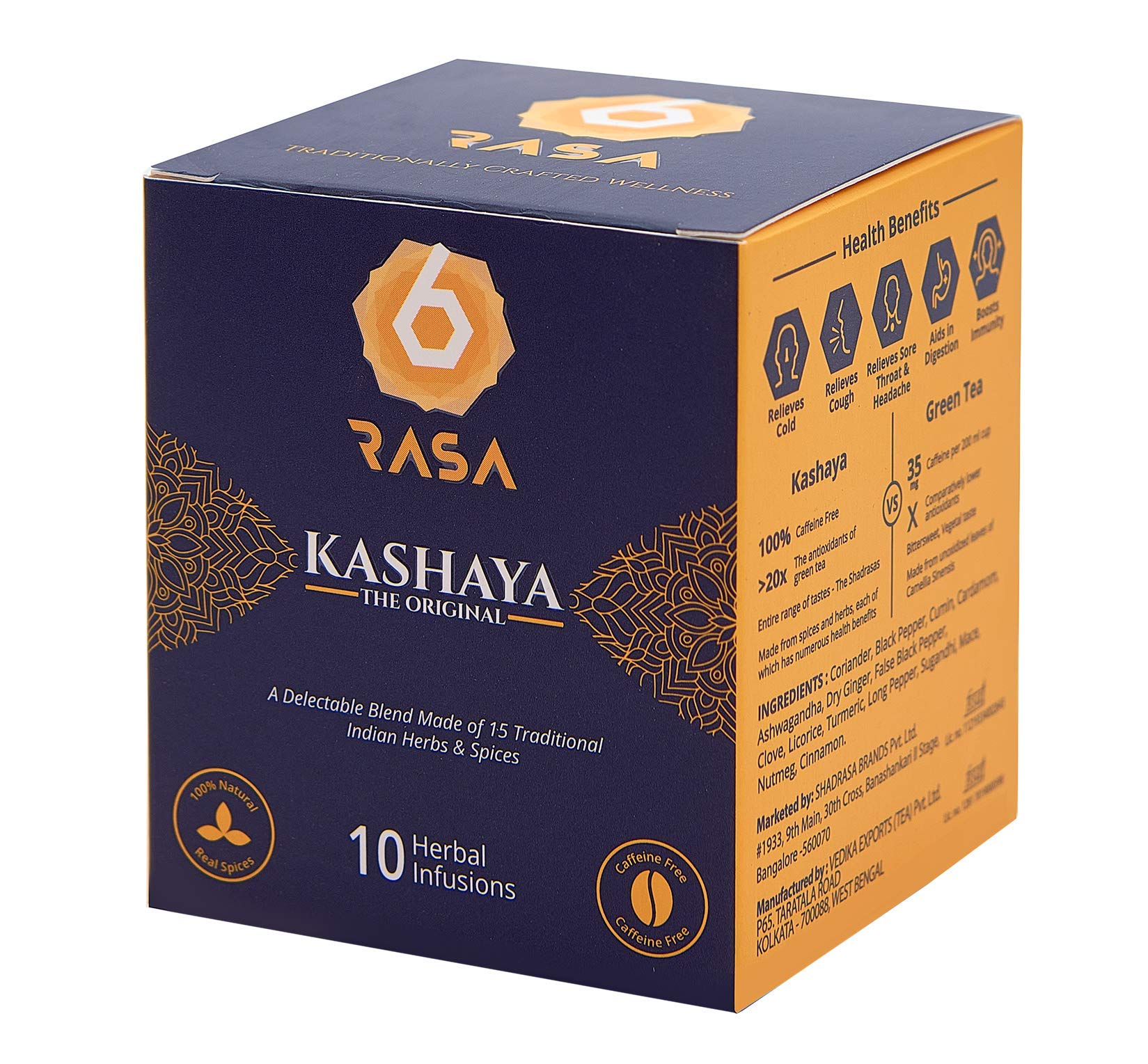 6rasaKashaya - Herbal Tea | 15 Ayurvedic Spices | Kadha Mix | Caffeine Free | 100% Natural | No Added Sugar (2.5 g Each) (Kashaya - The Original, 10 Dip Bags, Pack of 1)
