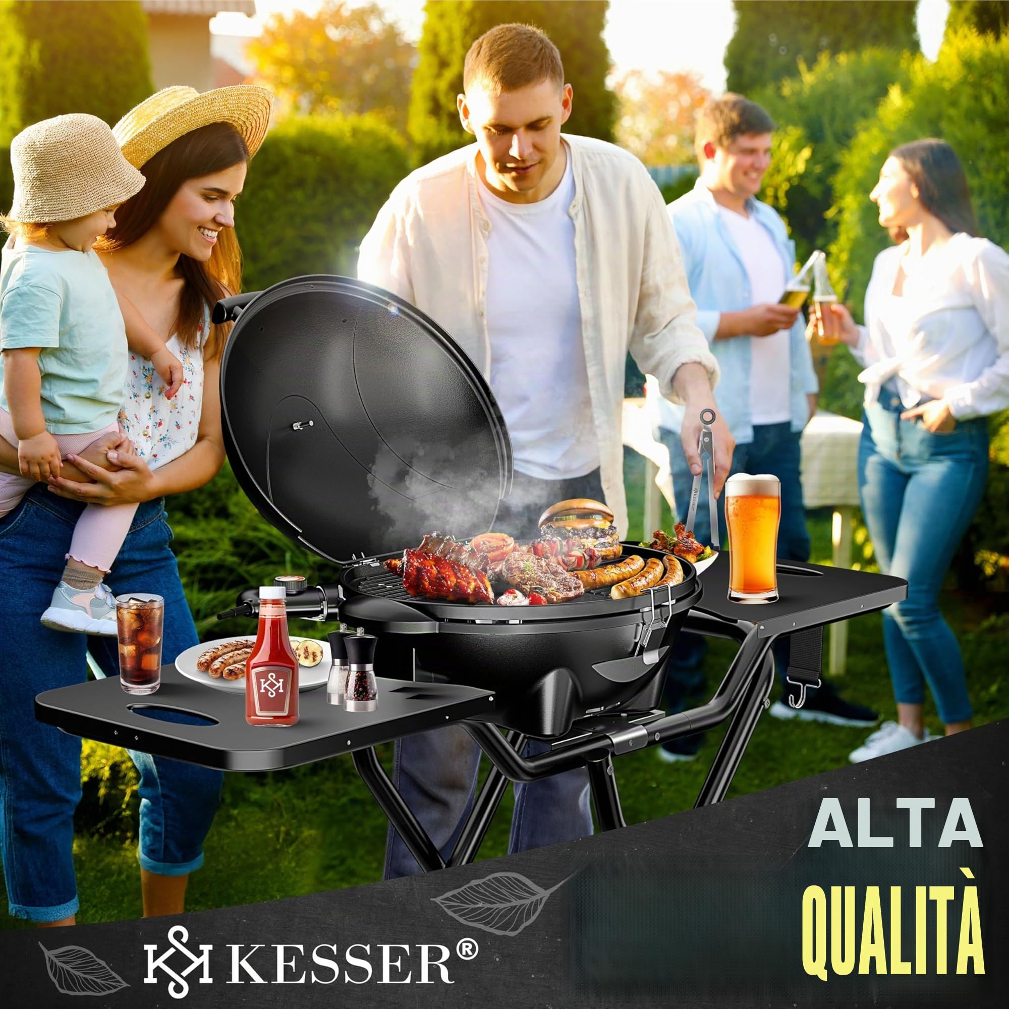 KESSER® Barbecue elettrico 2in1 Barbecue da tavolo, barbecue con coperchio e piedistallo | 2400 W max | pieghevole | termometro | rivestimento antiaderente | piastra della griglia ripiani di appoggio