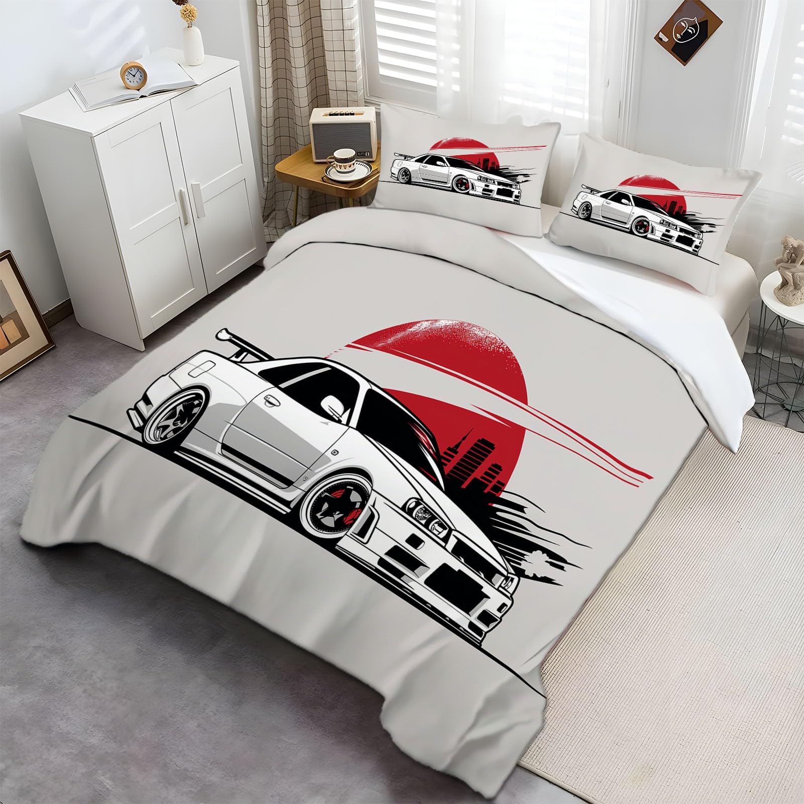 Juego de Ropa de Cama Funda Nordica para Cama 150 Estilo Japonés Coche Deportivo Blanco 3 Piezas Juego de Cama Cremallera Funda de Almohada 220x240 cm Poliéster Algodón