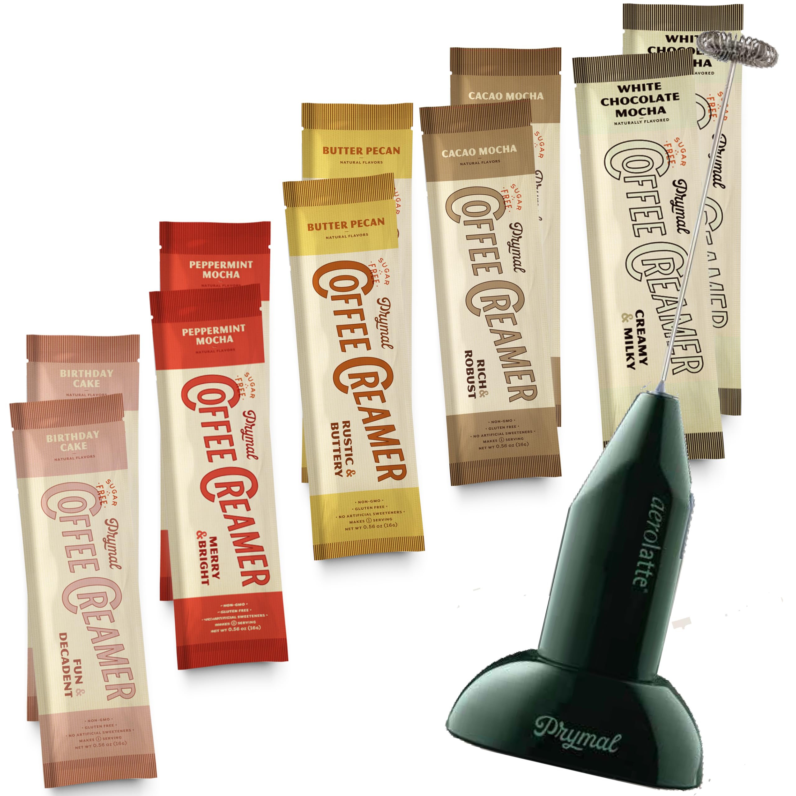 PRYMAL Sugar Free Coffee Creamer - Deliciously Keto, Low Carb & Non Dairy - Variety 8 Satchets (4 Flavors) + 1 Frother - Powder Creamers with MCT Oil