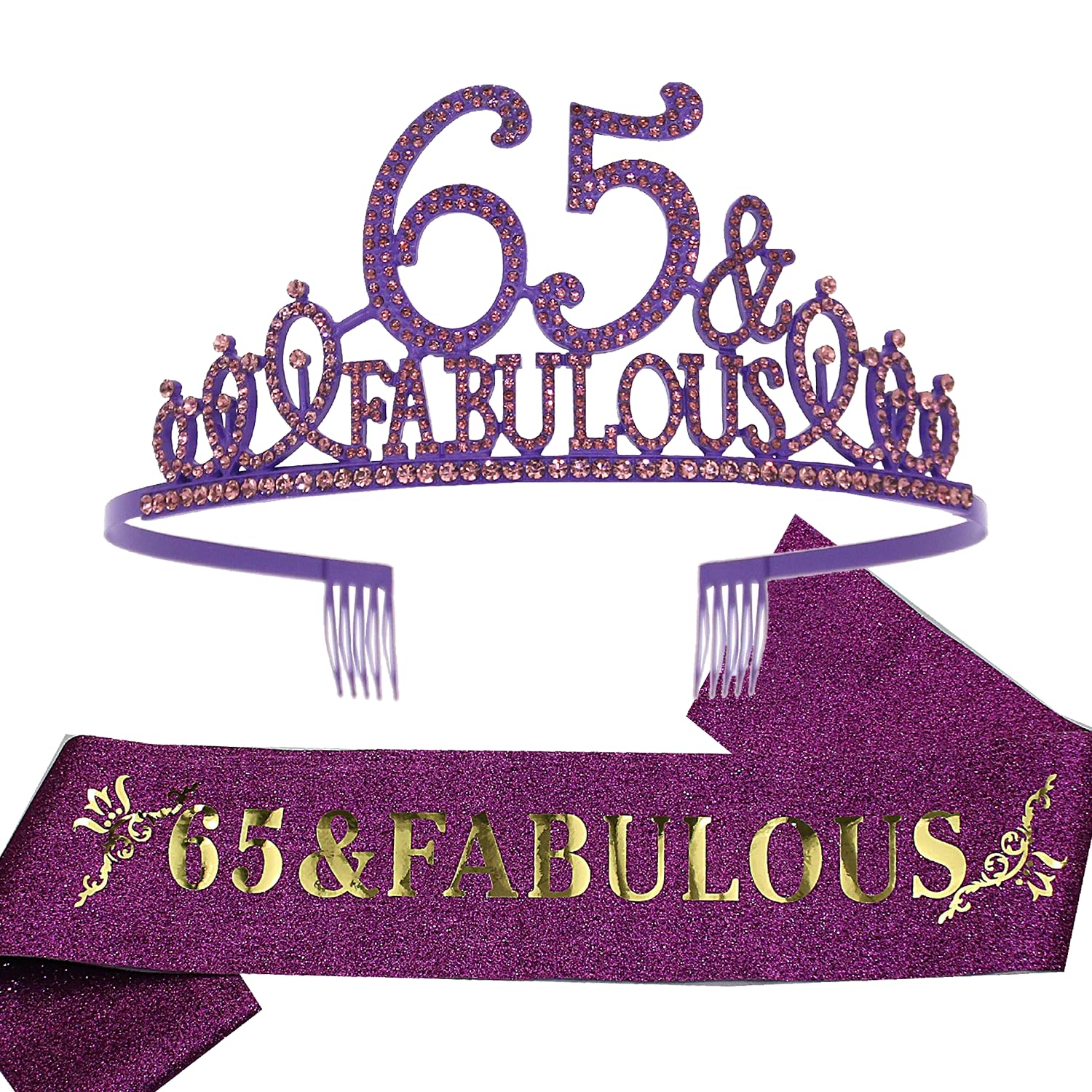 65th Birthday Sash and Tiara for Women - Fabulous Glitter Sash + Fabulous Rhinestone Purple Premium Metal Tiara for Her, 65th Birthday Gifts for 65 Party