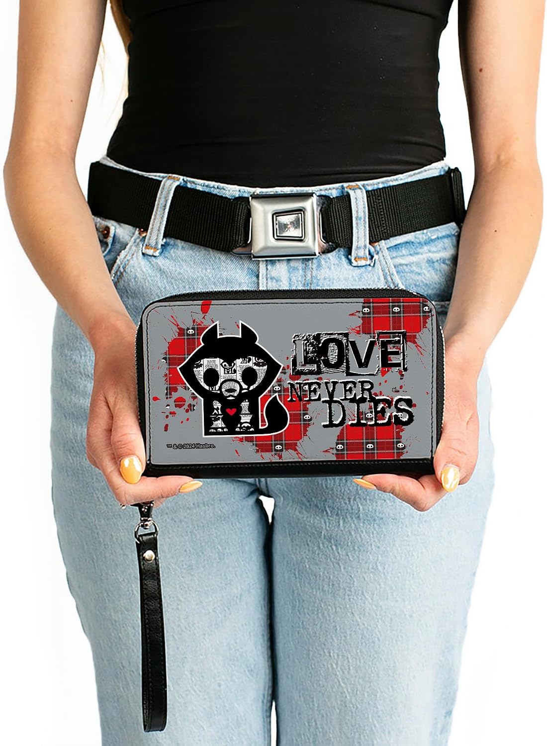 Buckle-Down Skelanimals Wallet, Zip Around, Skelanimals Jae the Wolf Love Never Dies Pose Gray Black Red, Vegan Leather