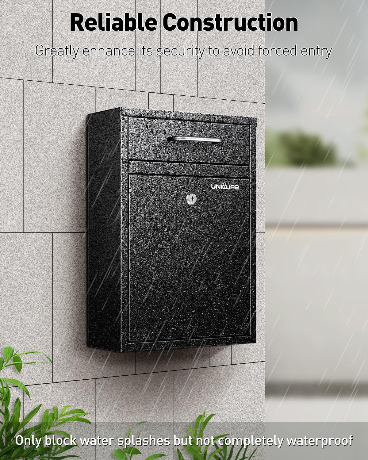 Uniclife Buzón de Pared para Exterior, Antirrobo de Alta Resistencia con Cerradura, Gran Buzón con Llave, Buzón de Seguridad, Buzón de Depósito Seguro, Buzón de Acero para Home Office, Negro