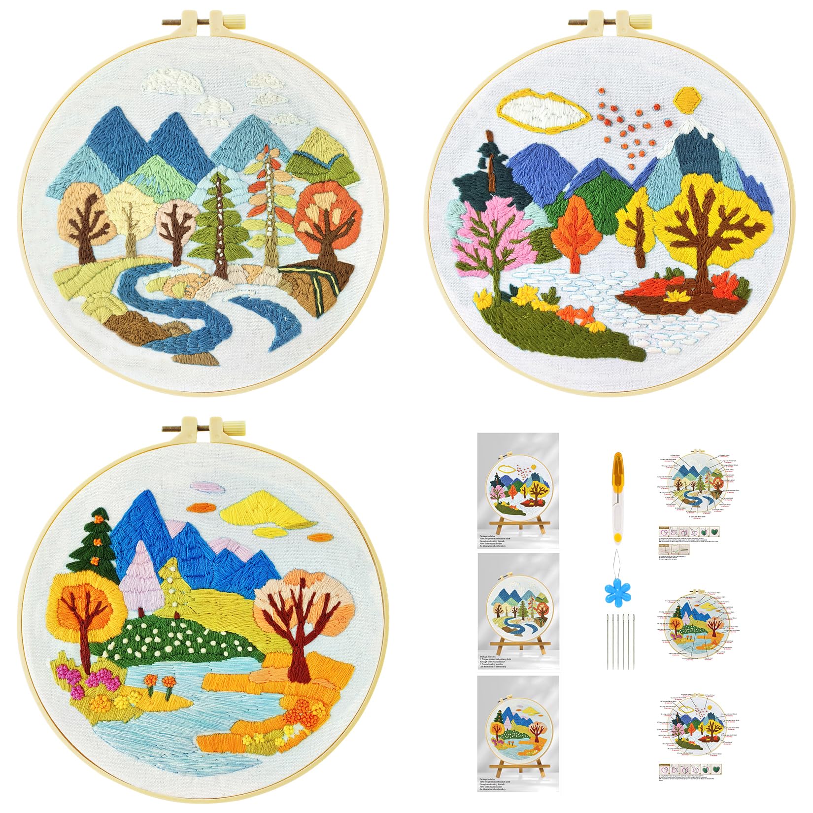 51buyoutgo 3pcs Embroidery Kit, Easy River Landscape Hand Embroidery Starter Patterns Kits Set for Adults Beginners Kid DIY Advanced Modern Stamped Cross Stitch Cloth