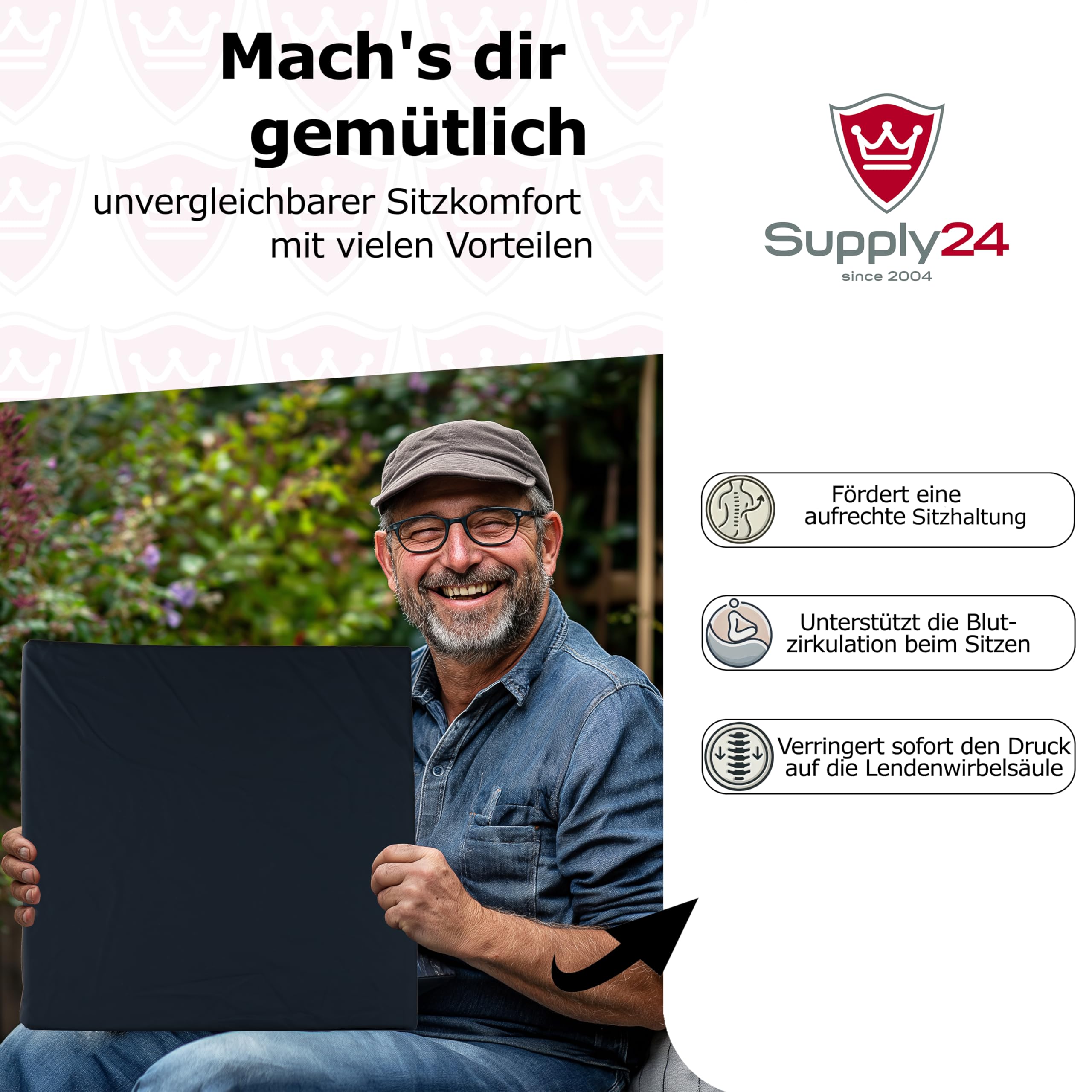 Orthopädisches Anti Dekubitus Viscoschaum Sitzkissen 40x40x10 cm – Made in Germany | Ergonomisch & druckentlastend | (Schwarz, RG85 (mittel) Wasserabweisend schwarz)